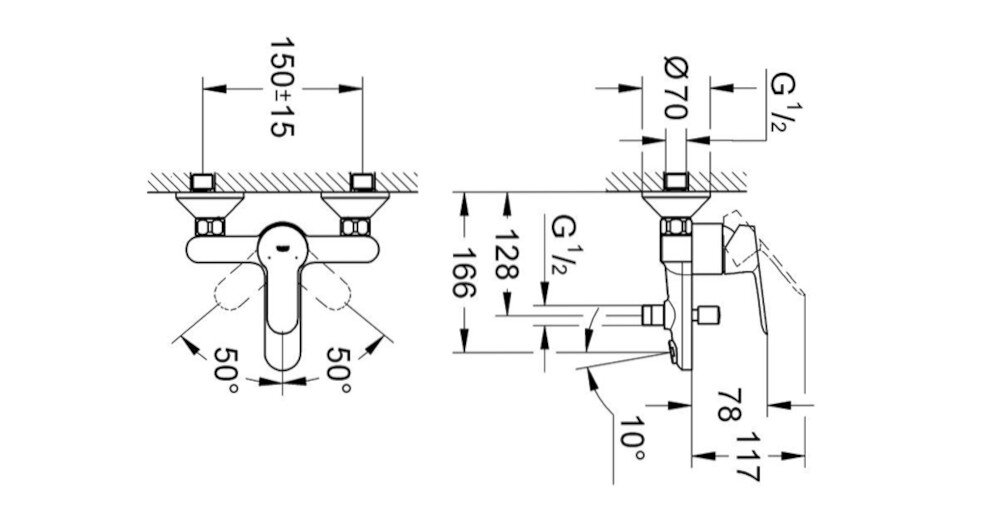 Schemat techniczny baterii wannowej z wymiarami i kątami montażu. Widoczne są oznaczenia takie jak 150±15, 50°, G1/2, Ø70, 128, 166, 78, 117, 10°.