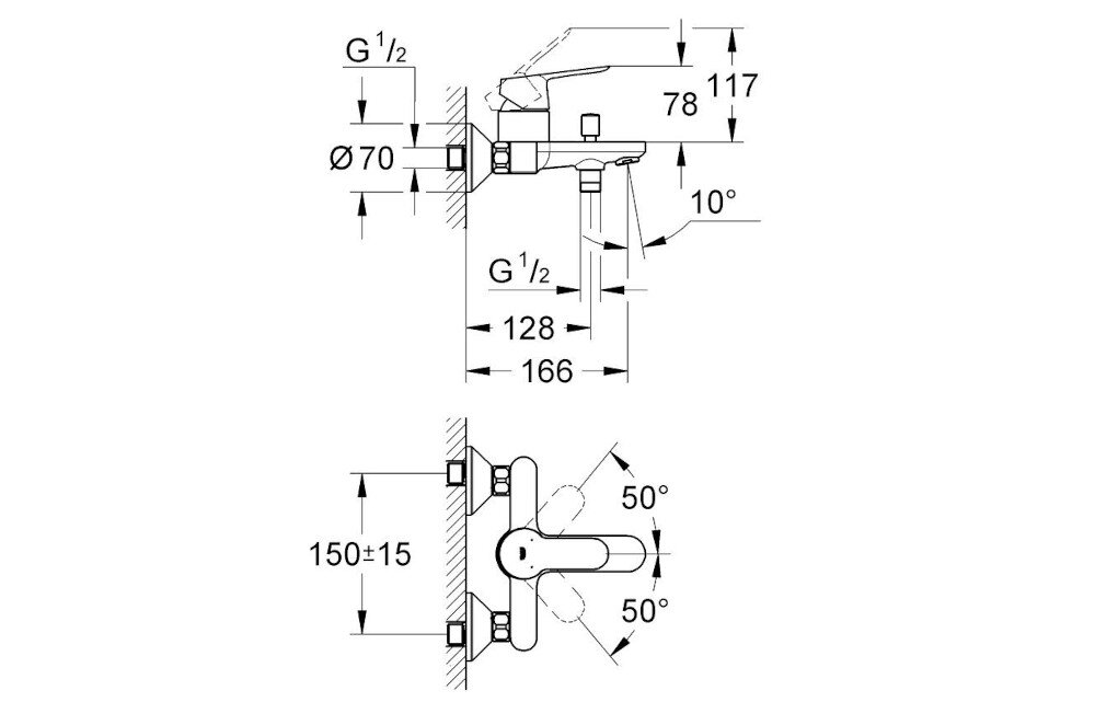 Schemat techniczny baterii wannowej z wymiarami i kątami montażu. Widoczne są oznaczenia takie jak 150±15, 50°, G1/2, Ø70, 128, 166, 78, 117, 10°.