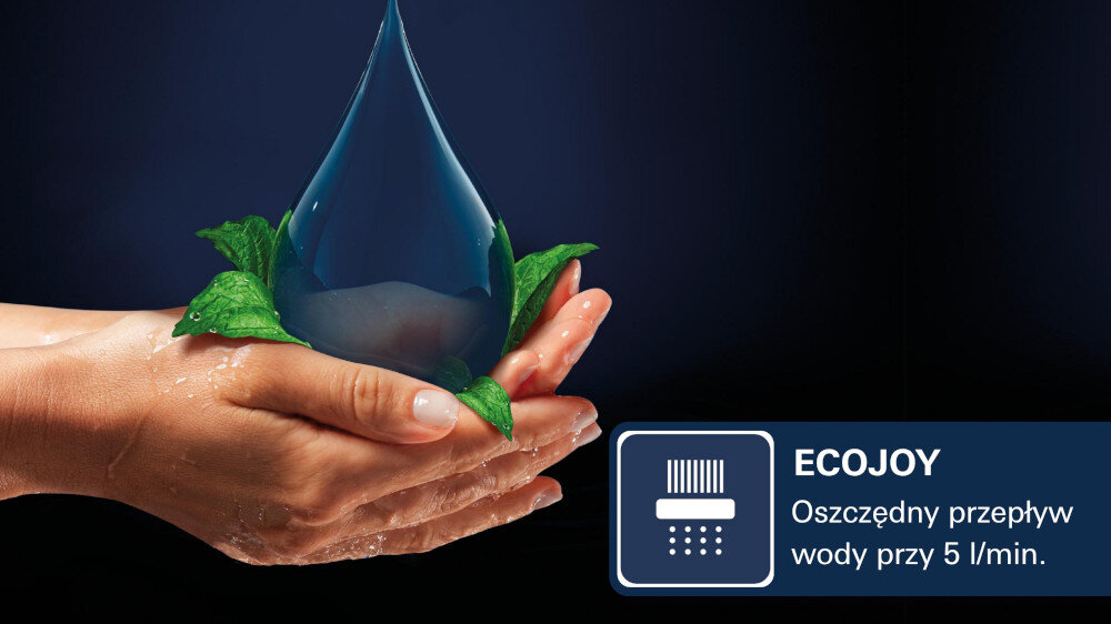 Dłonie trzymają dużą kroplę wody otoczoną zielonymi liśćmi. Obok znajduje się ikona z napisem \'ECOJOY Oszczędny przepływ wody przy 5 l/min.\'.