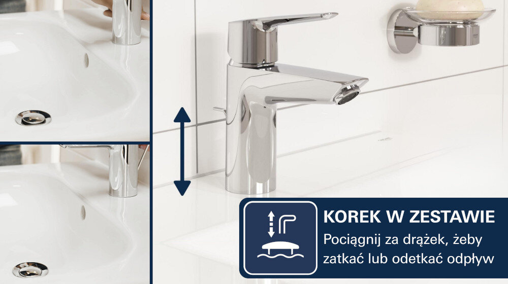 Na obrazie widoczna jest chromowana bateria umywalkowa z dźwignią, obok której znajduje się grafika z napisem: \'KOREK W ZESTAWIE Pociągnij za drążek, żeby zatkać lub odetkać odpływ\'.