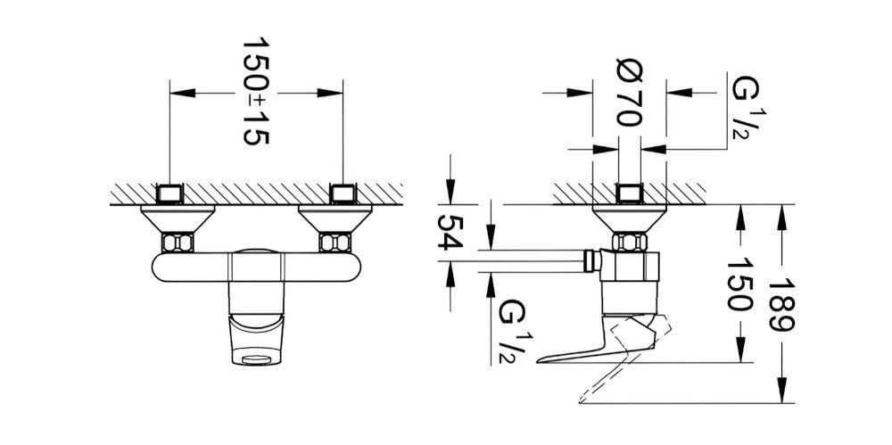 Schemat techniczny baterii prysznicowej z wymiarami: 150±15 mm, Ø70 mm, 54 mm, 150 mm, 189 mm. Widoczne oznaczenia G 1/2 przy przyłączach.