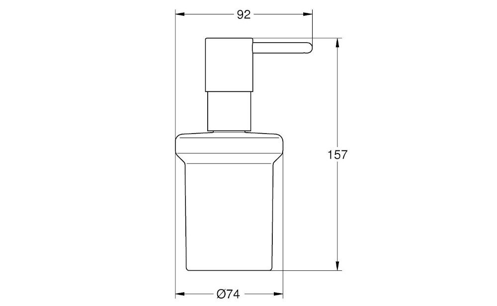 Schematyczny rysunek dozownika do mydła z wymiarami: wysokość 157 mm, szerokość 92 mm, średnica podstawy 74 mm.