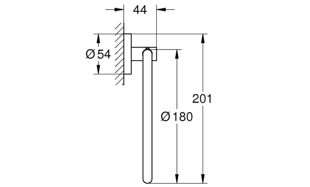 Schemat techniczny przedstawiający wymiary wieszaka łazienkowego. Wymiary to 44 mm, Ø54 mm, Ø180 mm i 201 mm.
