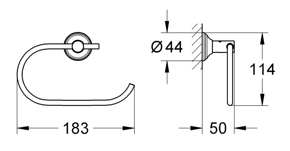 UCHWYT NA PAPIER GROHE ESSENTIALS Authentic 40657001 CHROM Schemat techniczny przedstawiający wieszak łazienkowy z wymiarami kolor wykończenie typ montaż wymiary