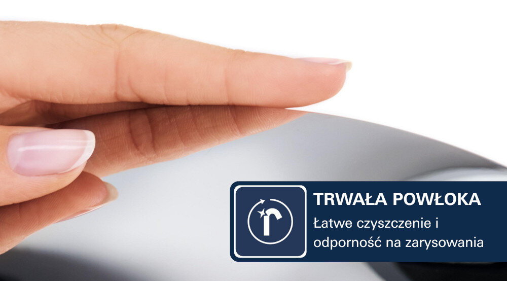 DOZOWNIK GROHE ESSENTIALS 40394001 CHROM Zbliżenie dłoni przesuwającej się po gładkiej powierzchni z napisem „Trwała powłoka” – podkreślenie łatwego czyszczenia i odporności na zarysowania metalowa pompka chrom GROHE LongLife odporność na zarysowania łatwe czyszczenie trwałość