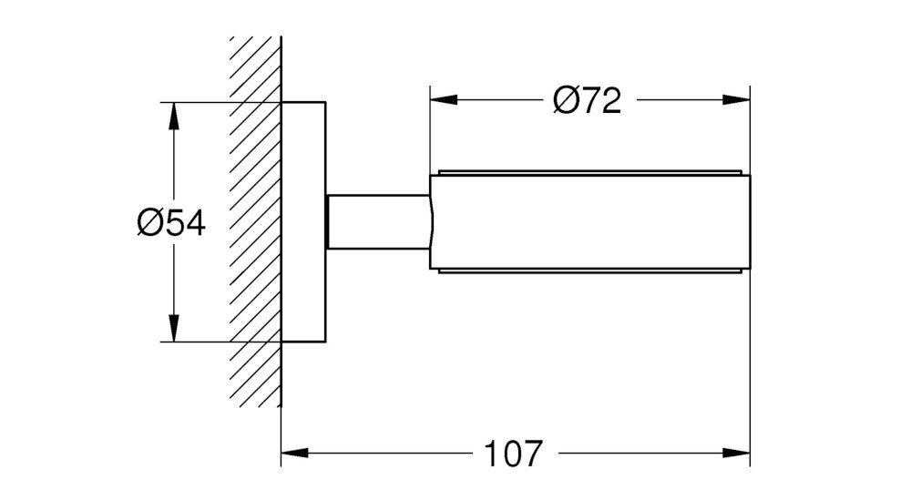 Schemat techniczny uchwytu łazienkowego z wymiarami: średnica 54 mm, długość 107 mm, średnica 72 mm.