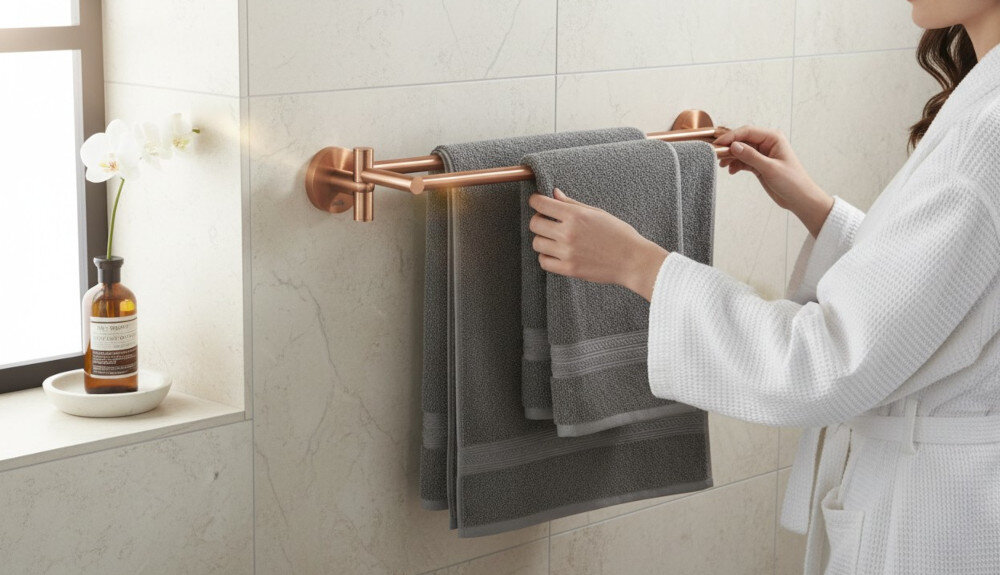 WIESZAK NA RĘCZNIK GROHE ESSENTIALS 40371DL1 Na jasnej ścianie łazienki zamontowany jest podwójny uchwyt na ręczniki w wykończeniu w kolorze miedzianym, na którym zawieszone są dwa szare ręczniki. Obok, na parapecie, stoją dekoracyjna butelka z dozownikiem i kwiat orchidei, a osoba poprawia ułożenie ręcznika