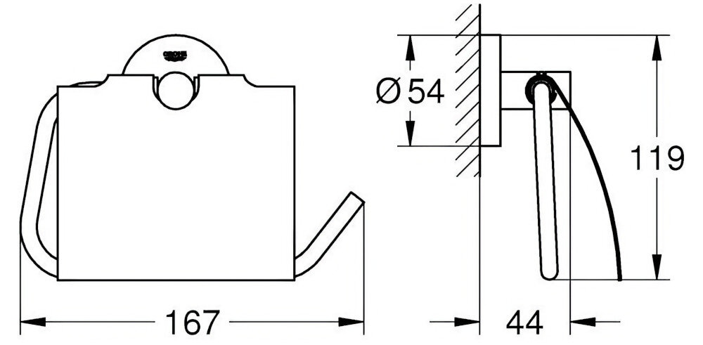 Rysunek techniczny uchwytu na papier toaletowy z wymiarami: szerokość 167 mm, głębokość 44 mm, wysokość 119 mm, średnica elementu montażowego 54 mm.