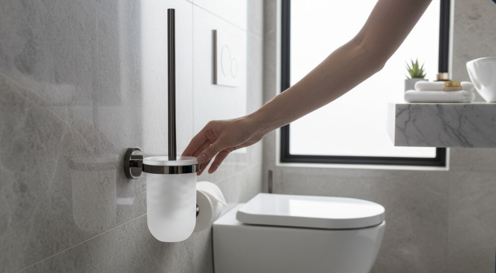 Osoba sięga po szczotkę WC umieszczoną w uchwycie na ścianie w nowoczesnej łazience. W tle widoczna jest toaleta oraz umywalka z akcesoriami.