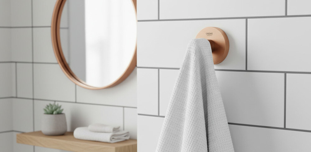 HACZYK NA PŁASZCZ KĄPIELOWY GROHE ESSENTIALS 40364DL1 Złoto szczotkowane Jasna łazienka z wiszącą szafką i umywalką, nad którą znajduje się okrągłe lustro, a obok wiszą dwa ręczniki. Jasne płytki i drewniane elementy tworzą minimalistyczny, elegancki wystrój