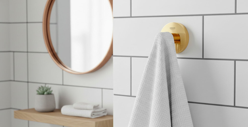 HACZYK NA PŁASZCZ KĄPIELOWY GROHE ESSENTIALS 40364GL1 Złoty Jasna łazienka z wiszącą szafką i umywalką, nad którą znajduje się okrągłe lustro, a obok wiszą dwa ręczniki. Jasne płytki i drewniane elementy tworzą minimalistyczny, elegancki wystrój