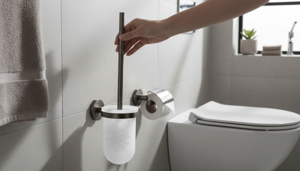Osoba trzyma szczotkę WC umieszczoną w uchwycie na ścianie w łazience. Obok znajduje się uchwyt na papier toaletowy i toaleta.