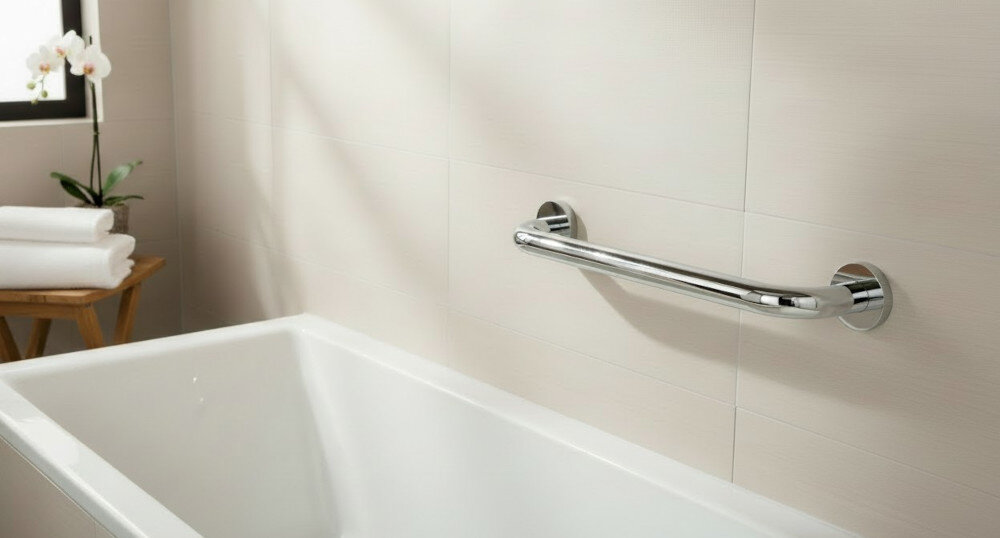 UCHWYT WANNOWY GROHE ESSENTIALS 40421001 CHROM Chromowany uchwyt ścienny zamontowany nad wanną w jasnej łazience, zapewniający wygodne podparcie. W tle widoczny jest drewniany stolik z ręcznikami i rośliną, podkreślający przytulny charakter wnętrza bezpieczeństwo dzieci starsze osoby podparcie przy wannie prysznicu