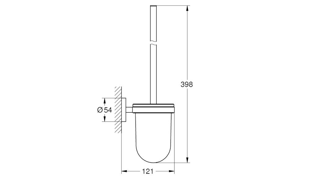 Schematyczny rysunek szczotki WC z wymiarami: wysokość 398 mm, średnica 54 mm, głębokość 121 mm.