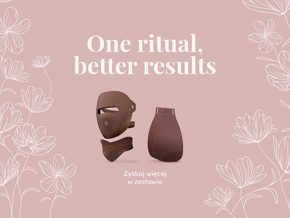 Na różowym tle znajdują się trzy elementy zestawu do pielęgnacji twarzy i ciała. Widoczny jest tekst: \'One ritual, better results\' oraz \'Zyskaj więcej w zestawie\'.