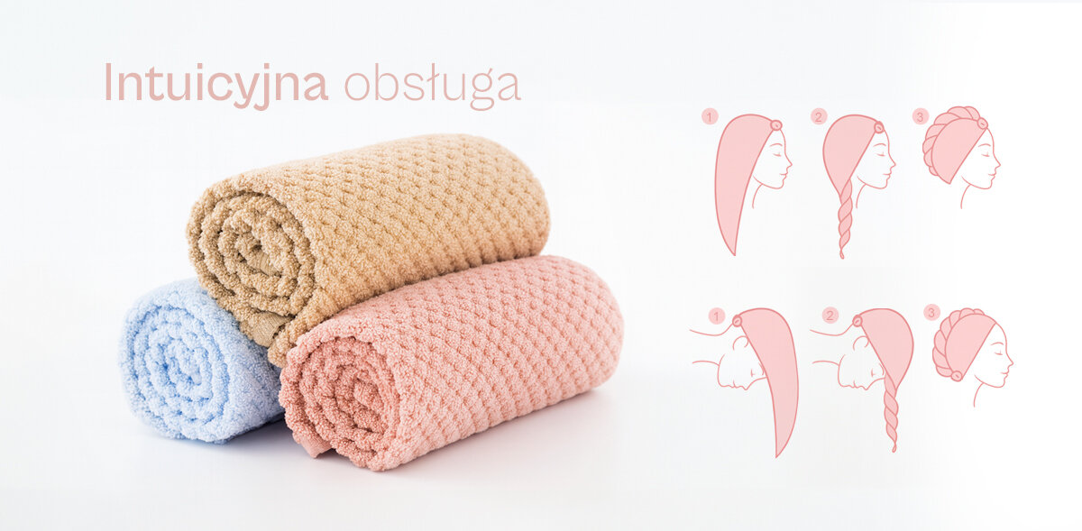 Na obrazie widoczne są trzy zrolowane ręczniki w kolorach beżowym, różowym i niebieskim. Po prawej stronie znajduje się instrukcja obrazkowa przedstawiająca sposób użycia ręcznika do włosów, z tekstem \'Intuicyjna obsługa\'.