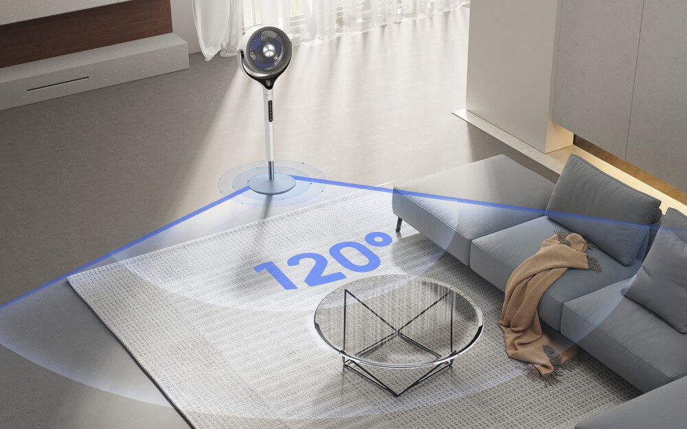 Wentylator DREO TurboPoly Fan 565S zdjęcie lifestyle Pełne odświeżenie 3D technologię 3D Airflow Szeroka oscylacja 120°