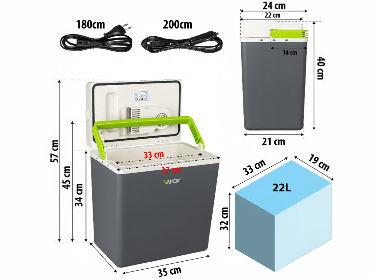 Obraz przedstawia lodówkę turystyczną z otwartą pokrywą i zielonym uchwytem, z widocznymi wymiarami: 57 cm wysokości, 35 cm szerokości i 34 cm głębokości. Obok znajduje się schemat pojemności 22L oraz dwa kable o długościach 180 cm i 200 cm.