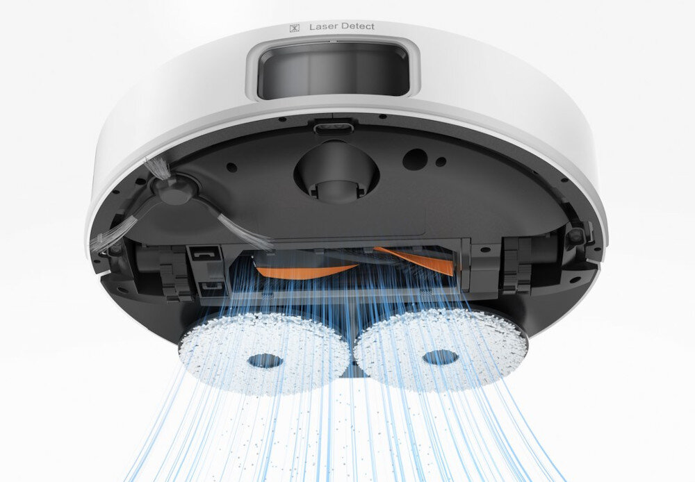 Widok od spodu robota sprzątającego z dwoma okrągłymi szczotkami i niebieskimi liniami symbolizującymi działanie czyszczące. Na górze widoczny napis \'Laser Detect\'.
