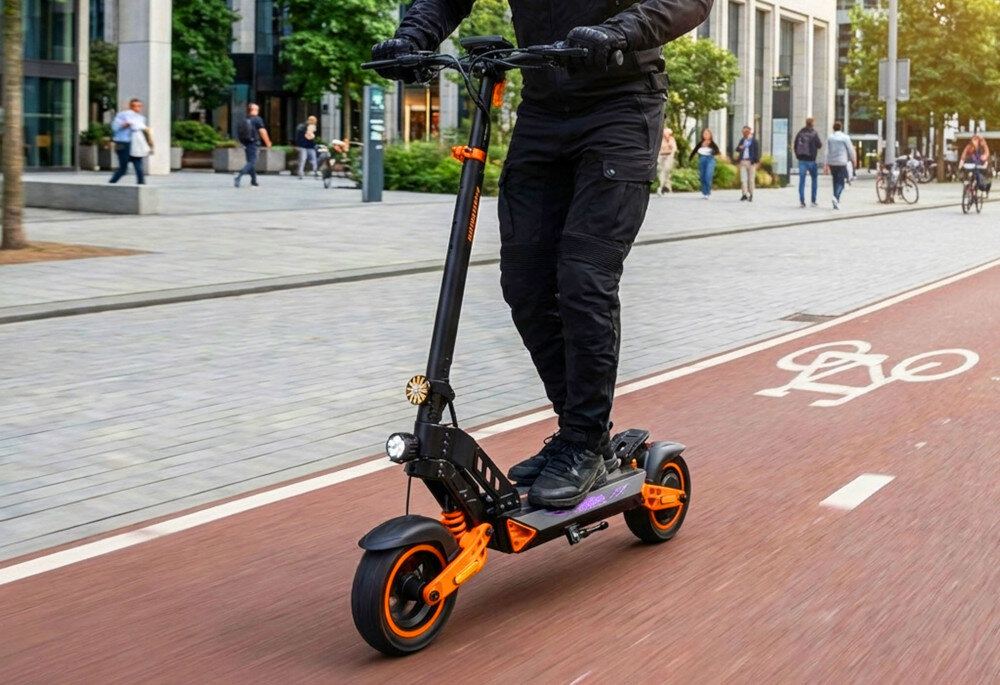 Osoba jedzie na czarnej hulajnodze elektrycznej z pomarańczowymi akcentami po ścieżce rowerowej w mieście. W tle widać budynki i przechodniów.