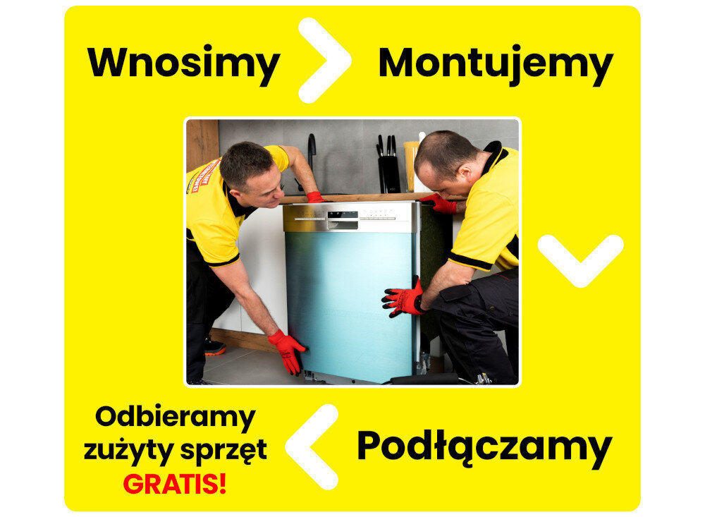 Dwóch mężczyzn w żółtych koszulkach montuje zmywarkę. Na żółtym tle widnieje tekst: \'Wnosimy > Montujemy\', \'Odbieramy zużyty sprzęt GRATIS!\', \'Podłączamy\'.
