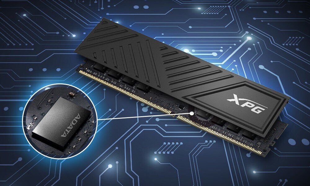 Komputer MAD DOG Powered by Gigabyte C102-I01WR16WP Moduł pamięci RAM, ukazany w futurystycznej stylistyce z efektem świetlnym w tle, pamięć, taktowanie, opóźnienia, radiatory