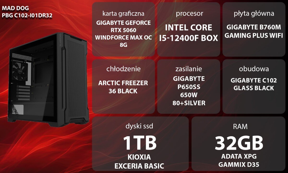 Komputer MAD DOG Powered by Gigabyte C102-I01DR32 profil kobiety siedzącej przy biurku w słuchawkach z mikrofonem przed monitorem i czarną obudową komputera z przeszklonym bokiem