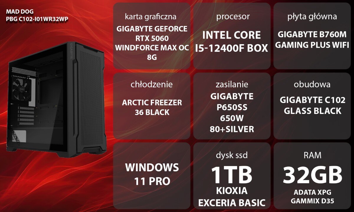 Komputer MAD DOG Powered by Gigabyte C102-I01WR32WP profil kobiety siedzącej przy biurku w słuchawkach z mikrofonem przed monitorem i czarną obudową komputera z przeszklonym bokiem