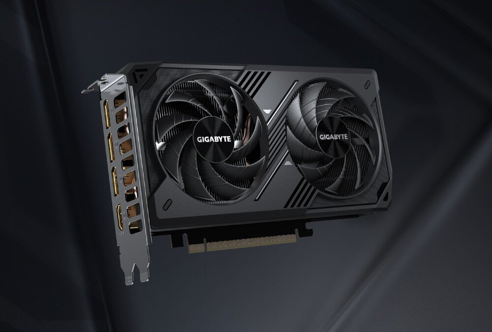 Komputer MAD DOG Powered by Gigabyte C102-A01WR16WH Karta graficzna z dwoma wentylatorami. Po lewej stronie widoczny jest panel złącza z pięcioma portami wideo, w tym HDMI i DisplayPort. Na środku wentylatorów widnieje logo 'GIGABYTE', karta graficzna, rdzenie CUDA, grafika, wentylatory