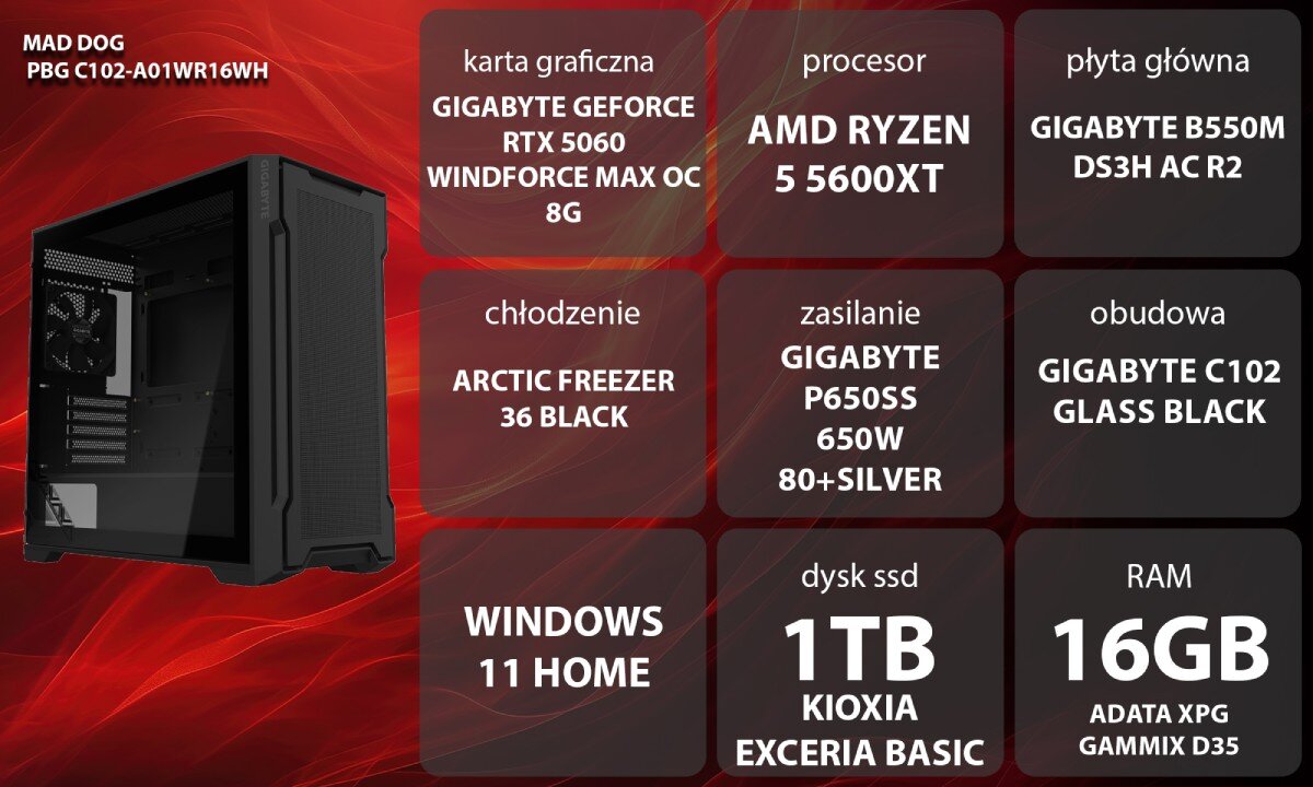 Komputer MAD DOG Powered by Gigabyte C102-A01WR16WH profil kobiety siedzącej przy biurku w słuchawkach z mikrofonem przed monitorem i czarną obudową komputera z przeszklonym bokiem