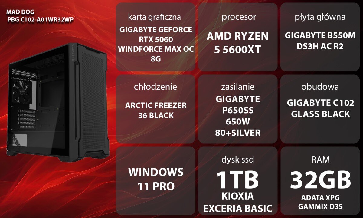 Osoba siedzi przy biurku z komputerem stacjonarnym, używając klawiatury i monitora. W tle widoczne jest żółte tło z dużym symbolem odtwarzania.
