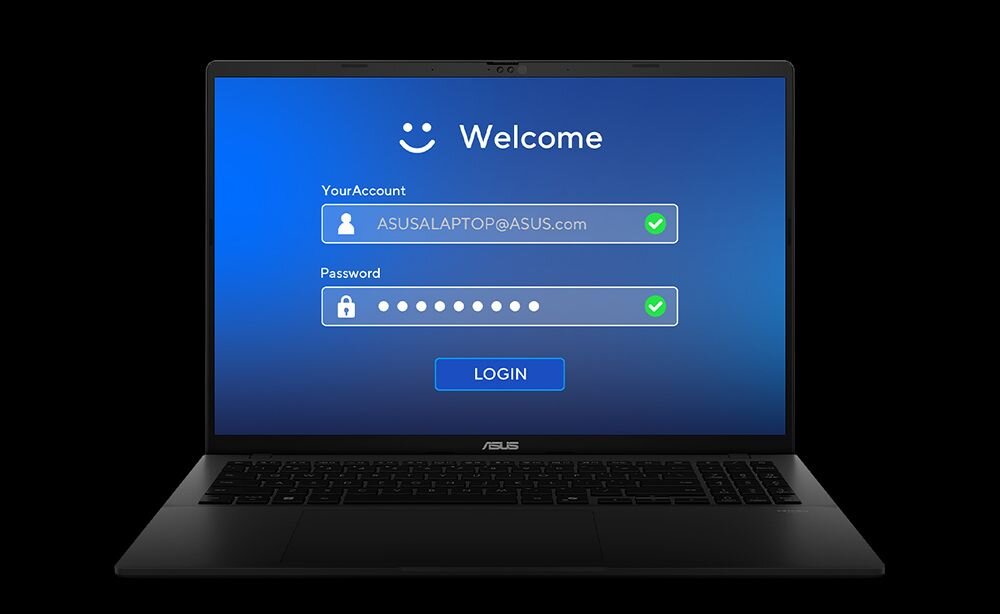 Laptop z ekranem wyświetlającym ekran logowania z napisem \'Welcome\'. Widoczne pola \'YourAccount\' z adresem \'ASUSALAPTOP@ASUS.com\' i \'Password\' z zamaskowanym hasłem oraz przycisk \'LOGIN\'.