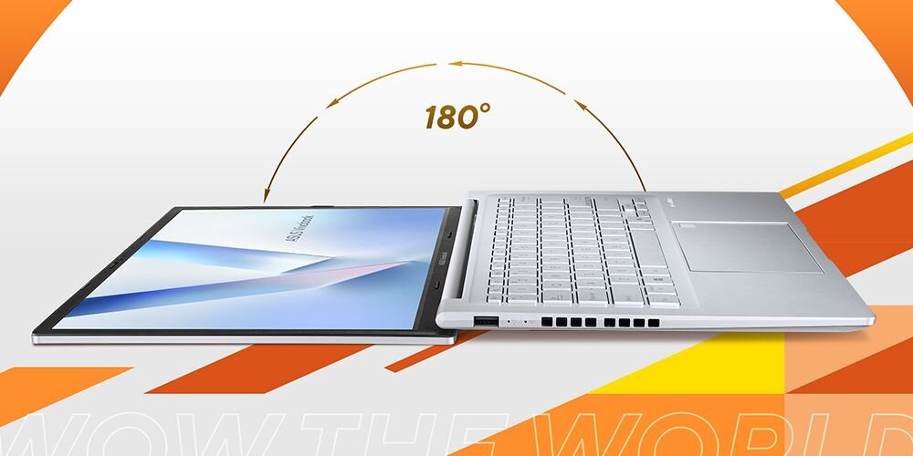 Laptop ASUS VivoBook 14 z ekranem obróconym o 180 stopni umożliwia wygodne udostępnianie treści podczas pracy zespołowej - Wygodne udostępnianie treści 