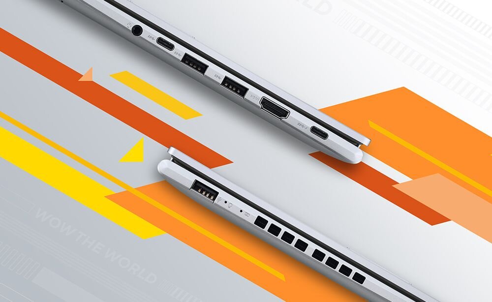 Zbliżenie na porty laptopa ASUS VivoBook 14 z USB‑C, HDMI i USB‑A pokazuje szeroką łączność biurową - 2x USB-C 3.2, USB-A 3.2, HDMI 