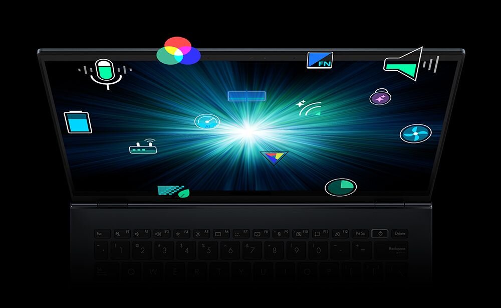 Laptop ASUS VivoBook 14 wyświetla interfejs aplikacji MyASUS z ikonami funkcji wspierających personalizację i codzienną pracę biurową - MyASUS 