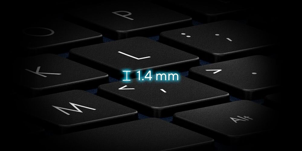 Klawiatura laptopa ASUS VivoBook 14 prezentuje długi skok klawiszy 1,4 mm zapewniający komfort pisania w biurze - Długi skok klawiszy 1,4 mm 