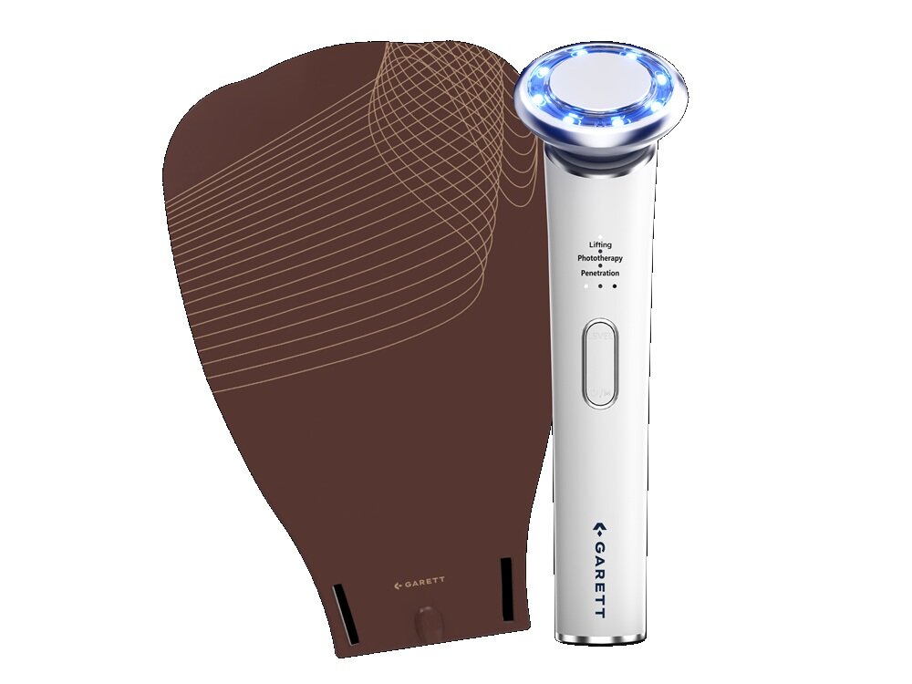 Na obrazie widoczna jest brązowa maska do rąk z białymi liniami oraz biały przyrząd z niebieskimi diodami i napisem \'Lifting Phototherapy Penetration\'. Logo \'GARETT\' znajduje się na obu produktach.