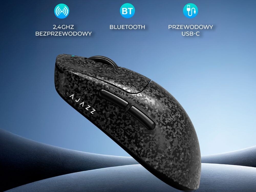 Mysz AJAZZ AJ199 Mysz komputerowa z profilu na tle nieba, powyżej widoczne trzy ikony z napisami '2,4GHZ BEZPRZEWODOWY', 'BLUETOOTH' oraz 'PRZEWODOWY USB-C', łączność, tryby, akumulator