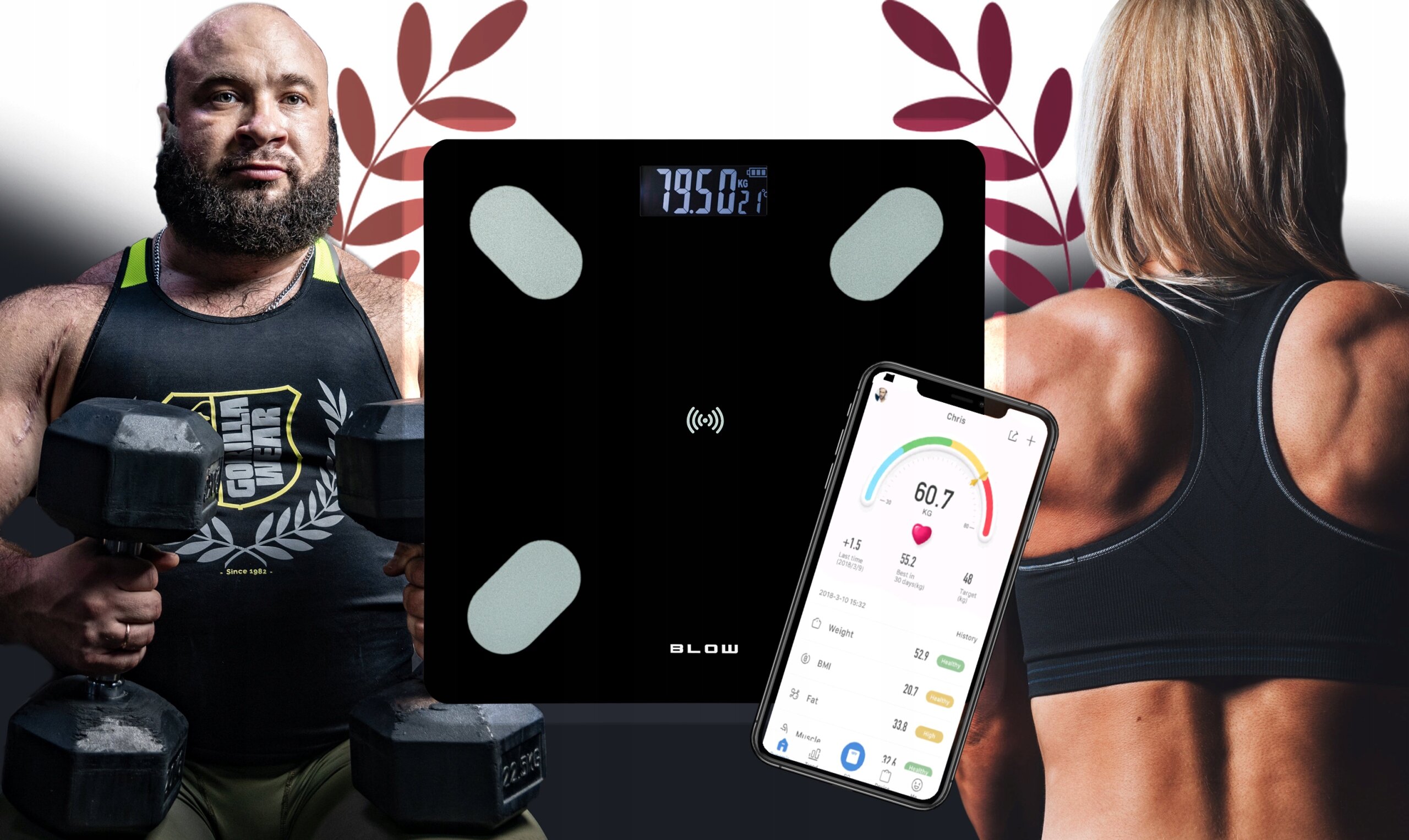 Obraz przedstawia czarną, szklaną wagę łazienkową z wyświetlaczem pokazującym \'79.5 kg\'. Obok wagi znajduje się smartfon z aplikacją pokazującą dane analityczne, a w tle widoczne są sylwetki dwóch osób oraz logo \'BLOW\'.