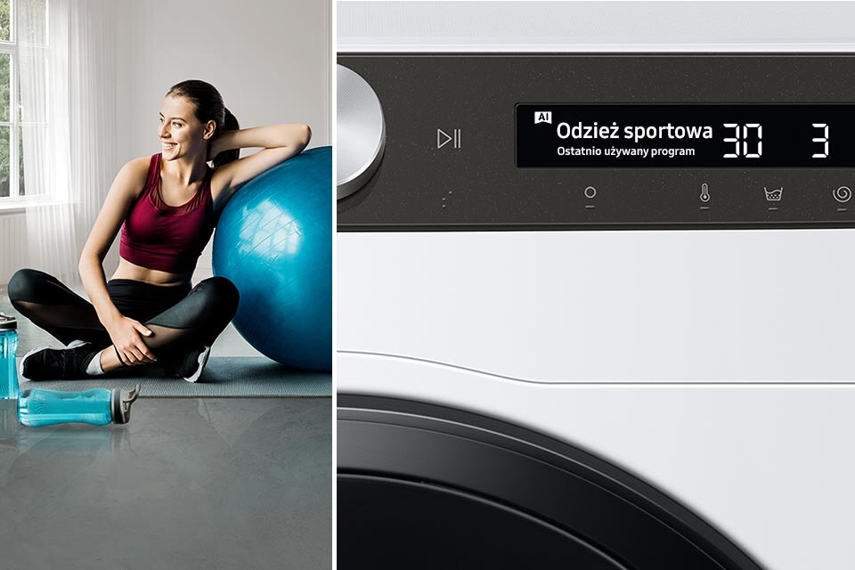 Po lewej stronie kobieta siedzi obok dużej niebieskiej piłki do ćwiczeń, a po prawej widoczny jest panel pralki z wyświetlaczem pokazującym tekst: \'Odzież sportowa 30 3 Ostatnio używany program\'.