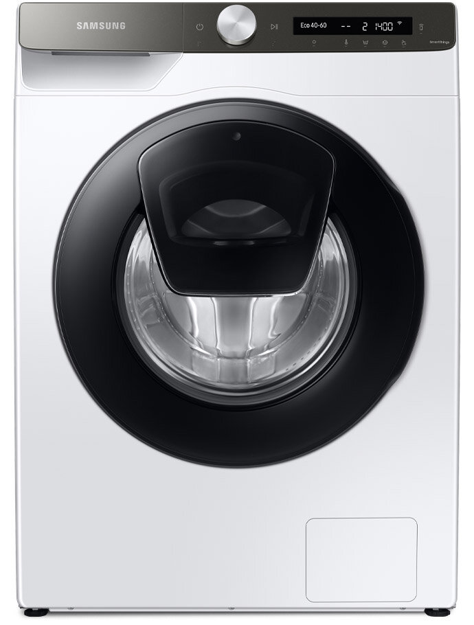 Pralka z widocznym logo \'SAMSUNG\' na górze, posiada duże, czarne drzwi z dodatkowym mniejszym otworem. Panel sterowania z wyświetlaczem cyfrowym pokazuje ustawienia prania, w tym \'Eco 40-60\' i \'1400 obr\'.