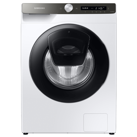 Pralka w kolorze białym z czarnym panelem drzwiowym i srebrnym pokrętłem. Na panelu widoczne są przyciski i wyświetlacz z informacjami o programie prania.