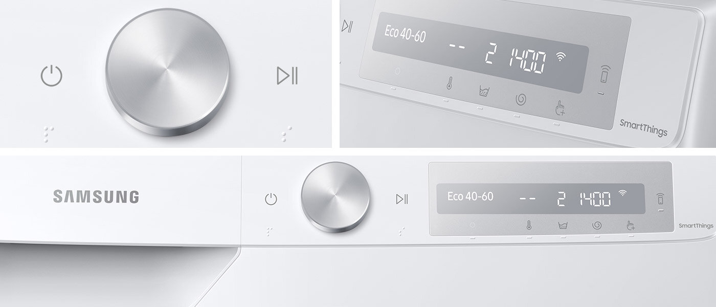 Panel sterowania pralki z pokrętłem, przyciskami i wyświetlaczem. Na wyświetlaczu widoczny jest tekst: \'Eco 40-60\', \'2:14:00\' oraz ikony związane z funkcjami pralki.