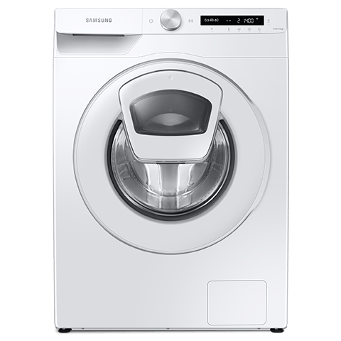 Biała pralka z okrągłym, przezroczystym oknem w drzwiach, posiada dodatkowe mniejsze okienko AddWash. Na górze widoczne są przyciski i pokrętło, a także logo Samsung.