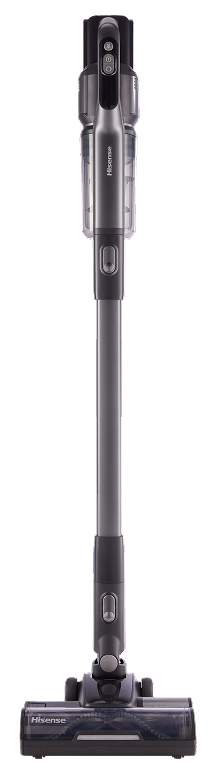 Odkurzacz pionowy z napisem Hisense na korpusie. Widoczny jest przezroczysty pojemnik na kurz oraz szczotka na dole.