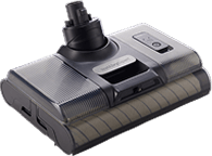 Czarna głowica odkurzacza z widocznymi elementami konstrukcyjnymi. Na powierzchni znajduje się napis \'media expert\'.