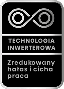 Logo z symbolem nieskończoności oraz tekstem: Technologia inwerterowa. Zredukowany hałas i cicha praca.