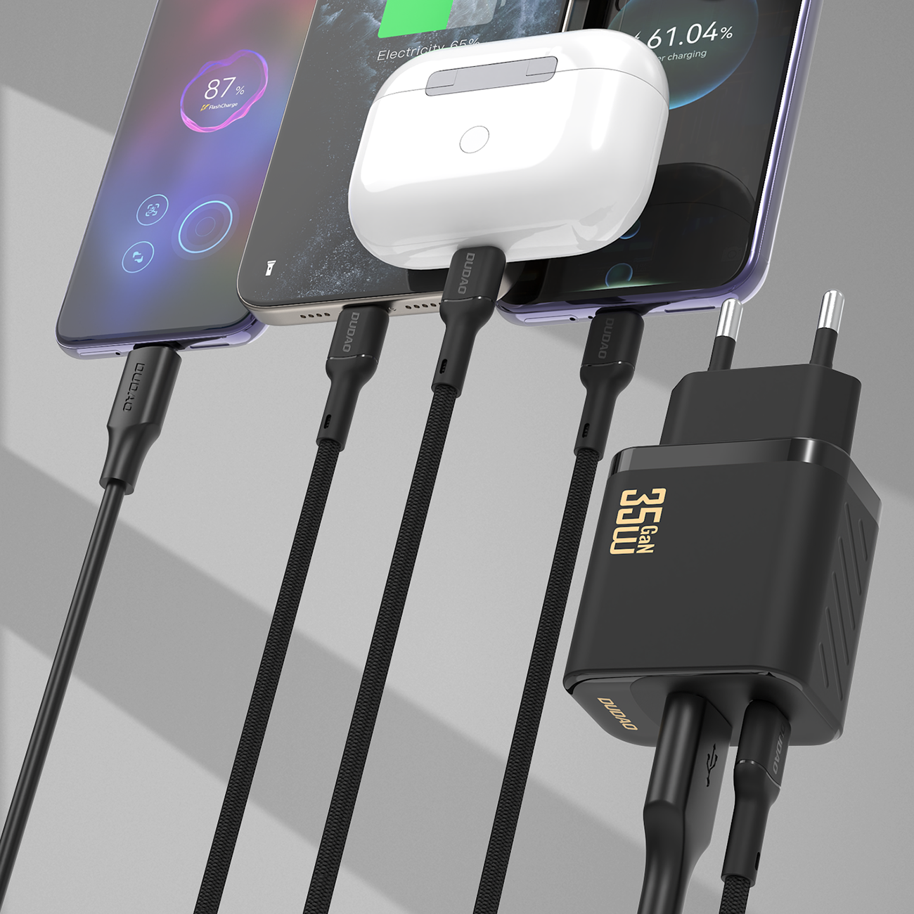 Na obrazie widoczna jest czarna ładowarka sieciowa z trzema podłączonymi kablami USB, z których dwa są podłączone do smartfonów, a jeden do etui na słuchawki. Na ładowarce znajduje się napis \'35W GAN\'.