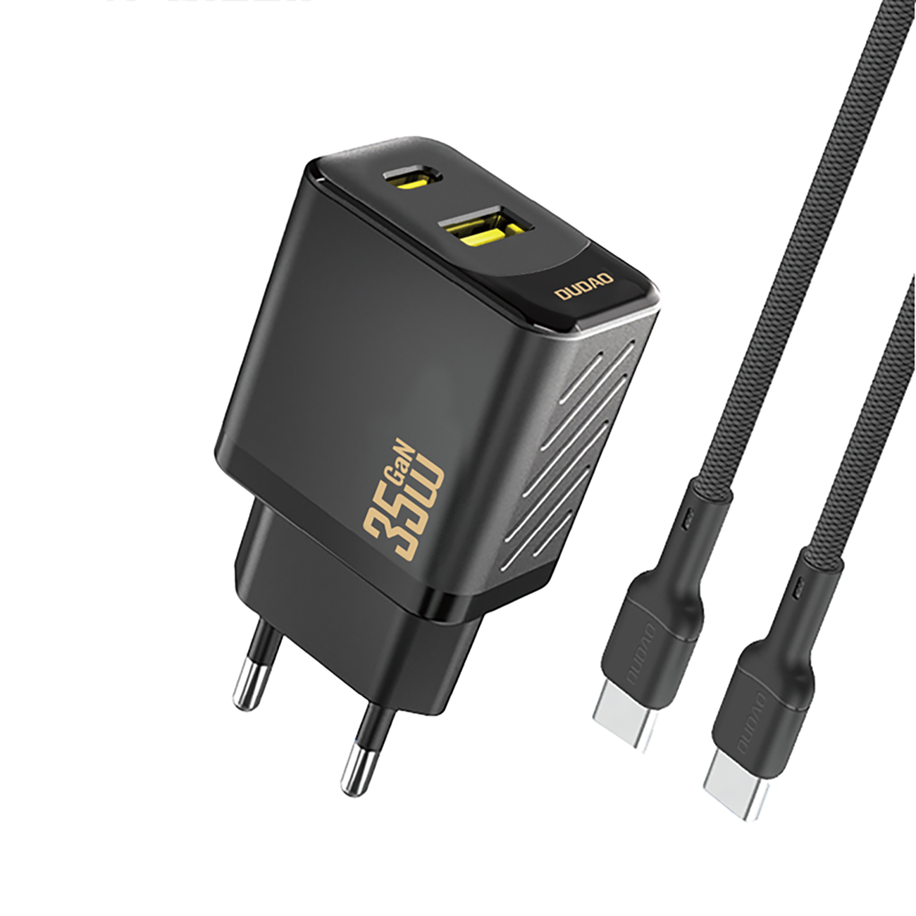 Czarna ładowarka sieciowa z dwoma portami: USB-A i USB-C, z oznaczeniem \'35 GaN 35W\' oraz kablem USB-C. Widoczne logo \'DUDAO\' na obudowie ładowarki.