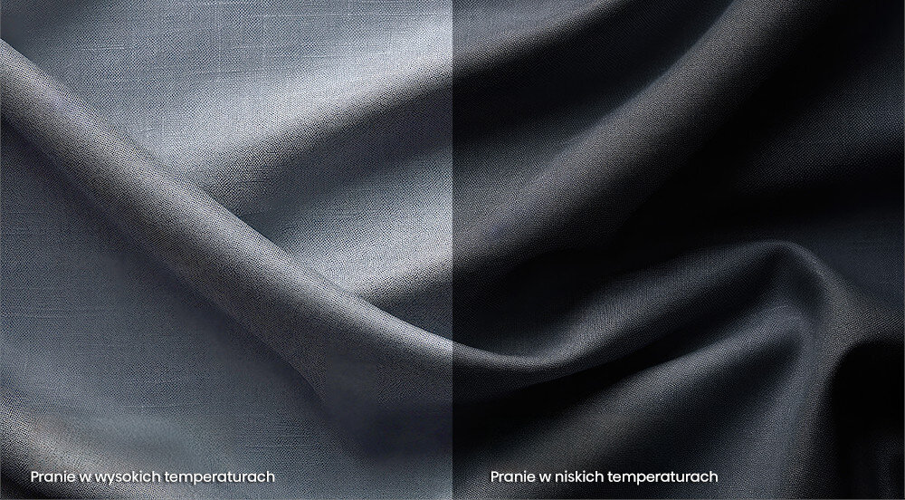Obraz przedstawia dwa kawałki materiału, jeden jaśniejszy z napisem \'Pranie w wysokich temperaturach\', drugi ciemniejszy z napisem \'Pranie w niskich temperaturach\'.